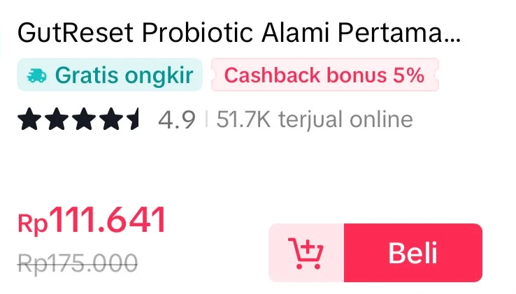 Listing GutReset di TikTok Shop: rating 4.9, 51,7 ribu terjual online