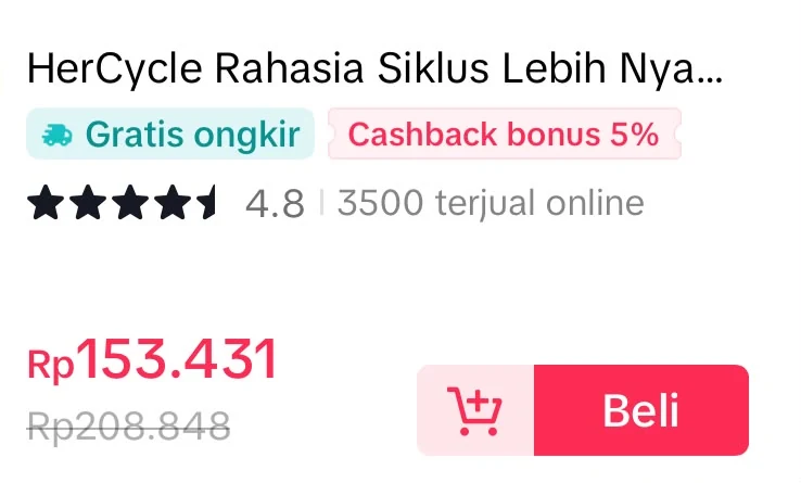 Listing HerCycle di TikTok Shop: rating 4.8, 3.500 terjual online