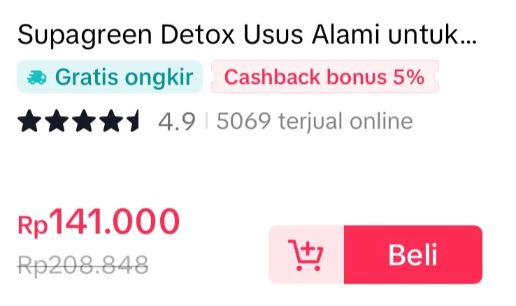 Listing SupaGreen di TikTok Shop: rating 4.9, 5.069 terjual online