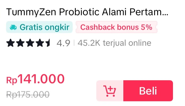 Listing TummyZen di TikTok Shop: rating 4.9, 45,2 ribu terjual online