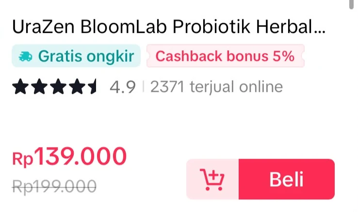 Listing UraZen di TikTok Shop: rating 4.9, 2.371 terjual online