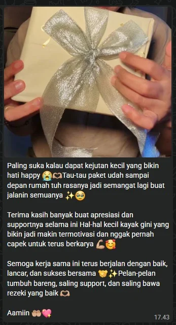 Tangkapan layar pesan terima kasih dari affiliator yang menerima hadiah dari BloomLab