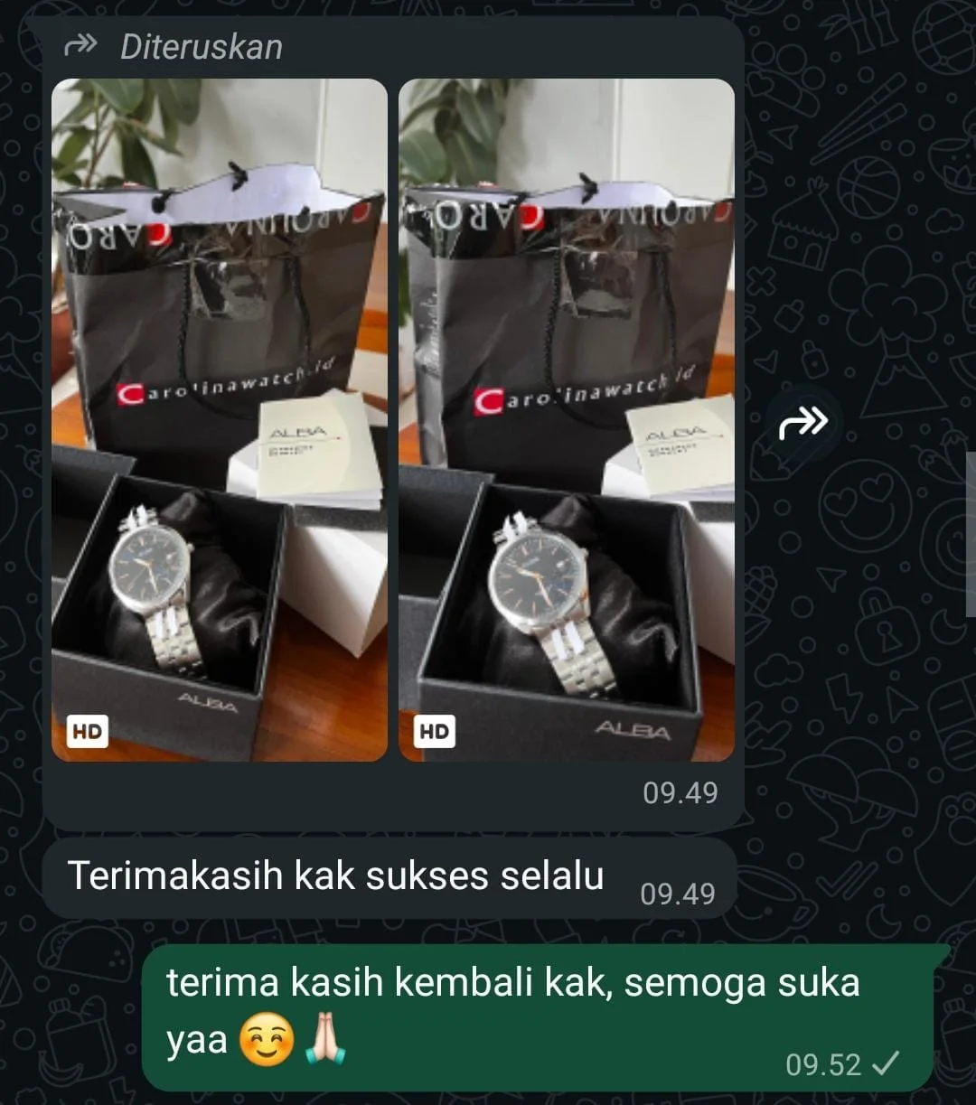Tangkapan layar WhatsApp: affiliator menerima hadiah jam tangan dari BloomLab