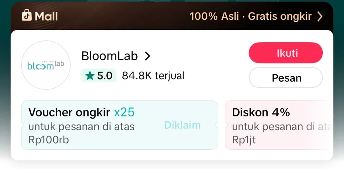 Toko resmi BloomLab di TikTok Shop dengan rating 5.0 dan 84,8 ribu produk terjual
