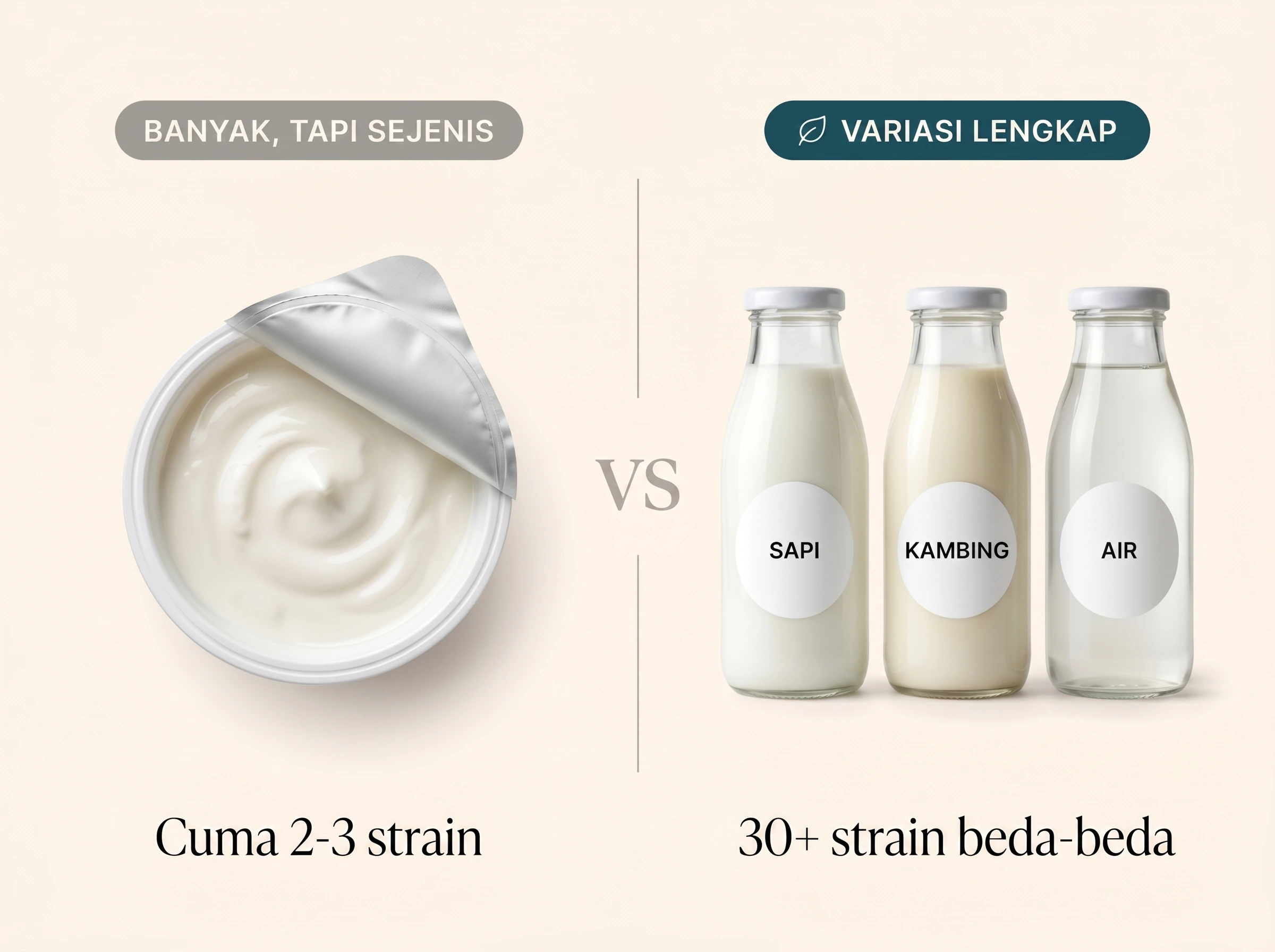 Perbandingan probiotik biasa yang cuma 2 sampai 3 strain dengan GutReset yang punya variasi strain lebih lengkap