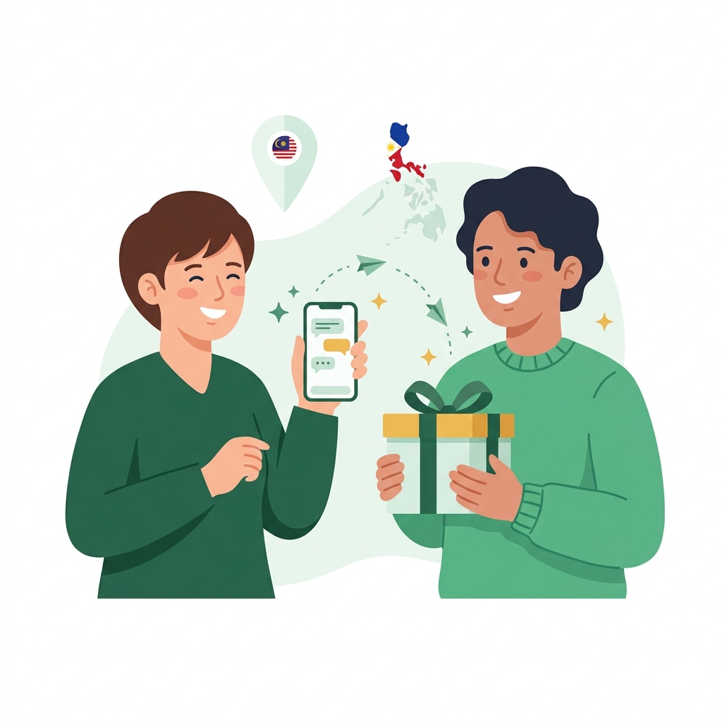 Ilustrasi dua teman berbagi hadiah BloomLab lintas negara