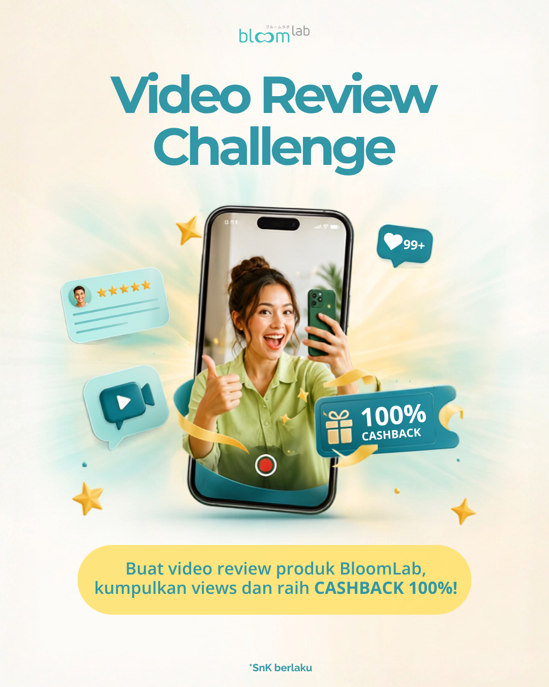 Poster Video Review Challenge BloomLab, cashback hingga 100%