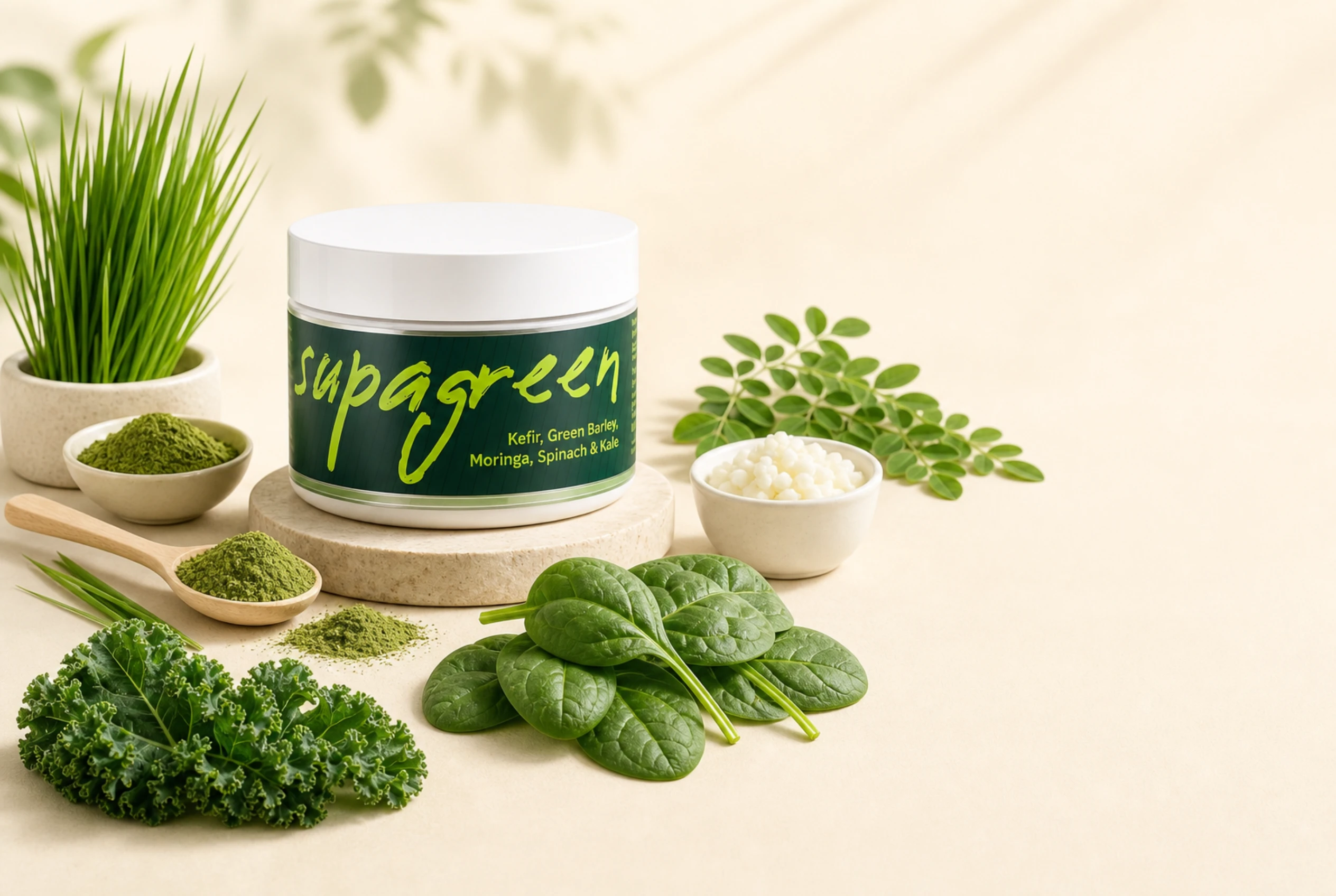 Infografis formula Supagreen: green barley grass, kefir aktif, moringa, kale, dan spinach