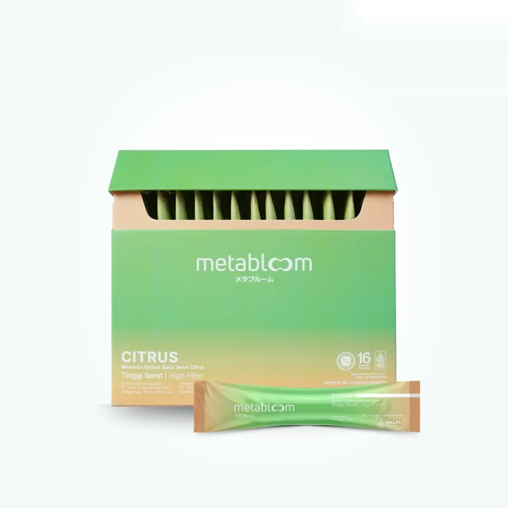 MetaBloom 1 box isi 16 sachet, minuman serat prebiotik rasa citrus
