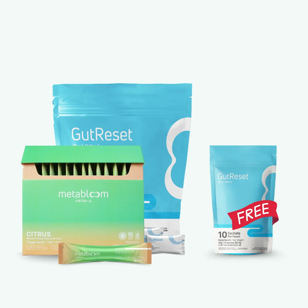 Paket SlimBalance: MetaBloom 16 sachet, GutReset 28 sachet, dan bonus GutReset travel pouch 10 sachet