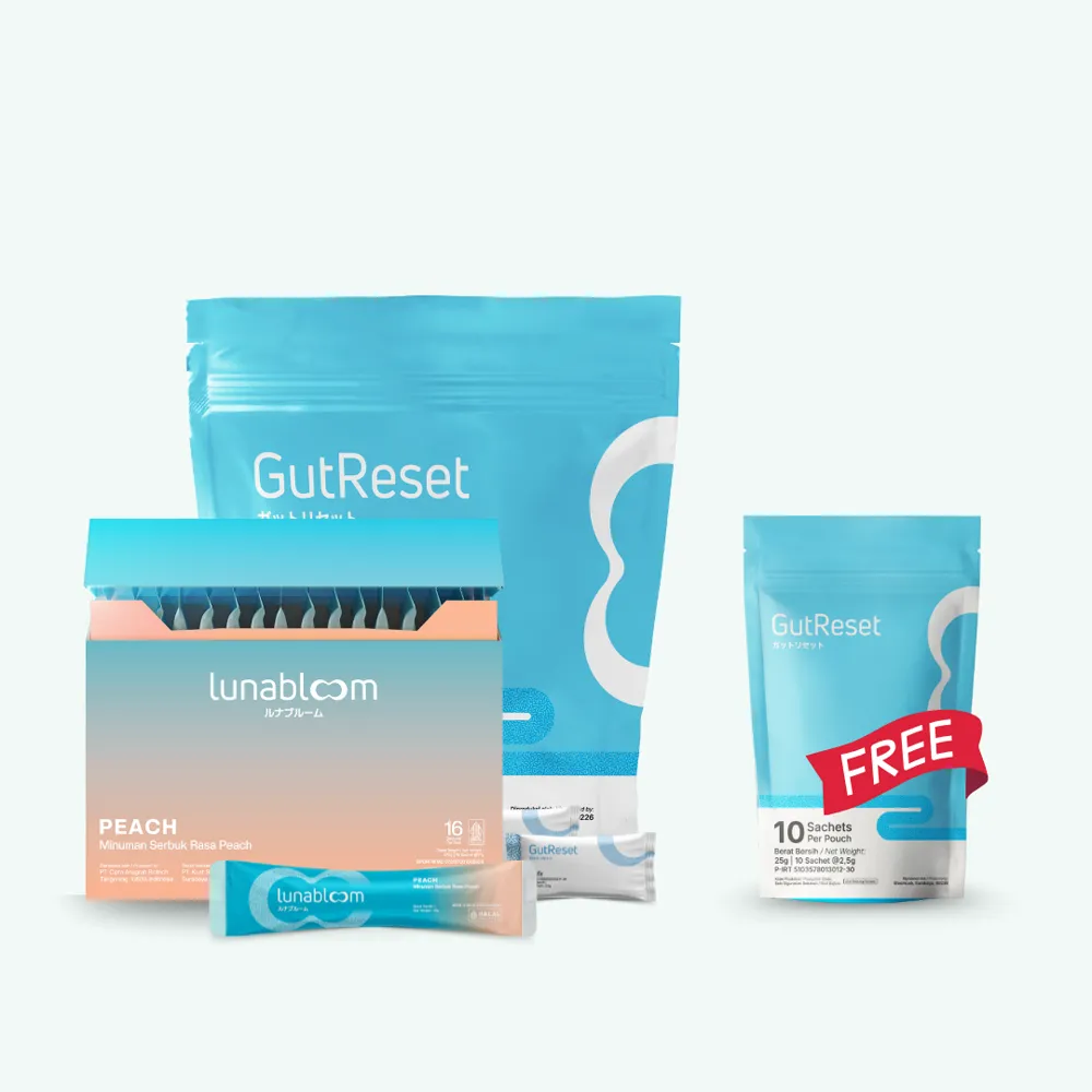 Paket GlowReset berisi GutReset 28 sachet dan LunaBloom 16 sachet