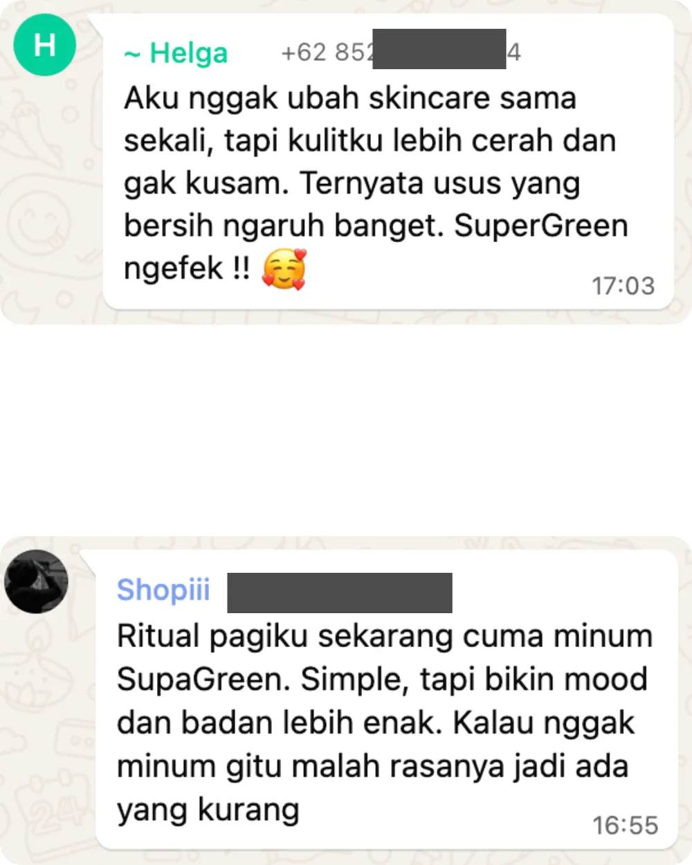 Screenshot chat pelanggan Supagreen (5 dari 6)