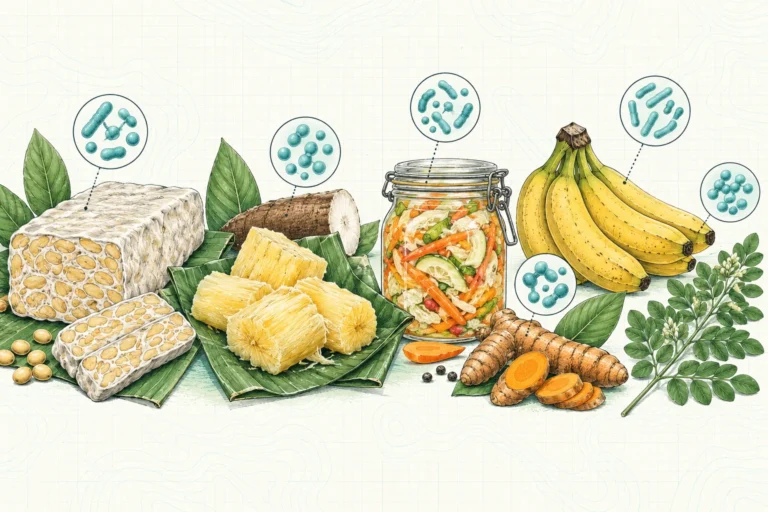 Ilustrasi plat spesimen BloomLab: 9 makanan indonesia yang baik untuk microbiome usus kamu dan hubungannya dengan kesehatan usus