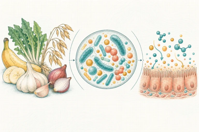 Ilustrasi plat spesimen BloomLab: mengenal prebiotik, probiotik, dan postbiotik rahasia kesehatan usus yang optimal dan hubungannya dengan kesehatan usus