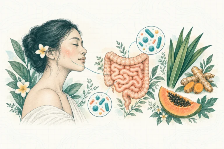 Ilustrasi plat spesimen BloomLab: rahasia usus sehat untuk kulit glowing tanpa filter dan hubungannya dengan kesehatan usus