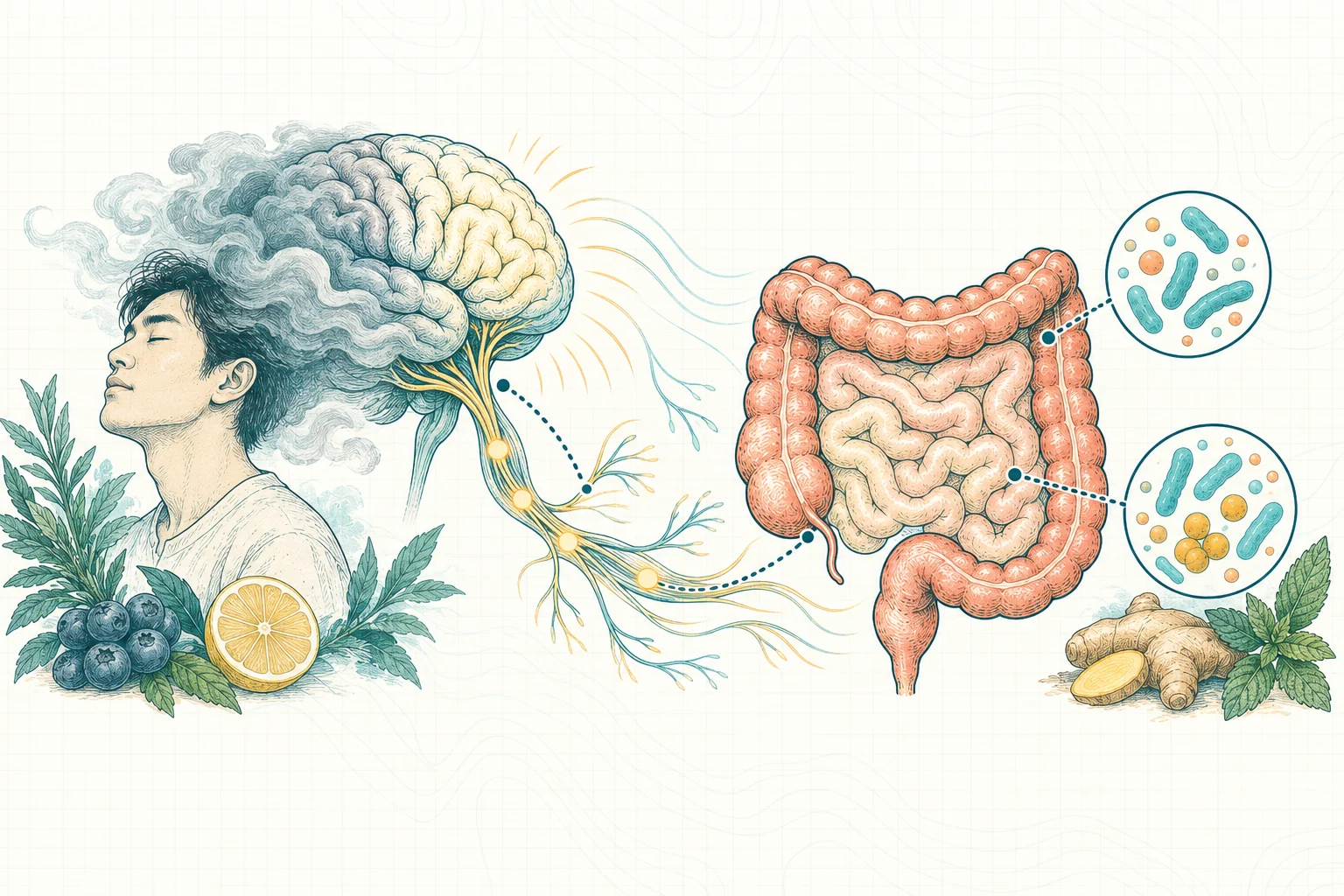 Ilustrasi plat spesimen BloomLab: brain fog 7 cara alami jernihkan pikiran dari usus dan hubungannya dengan kesehatan usus