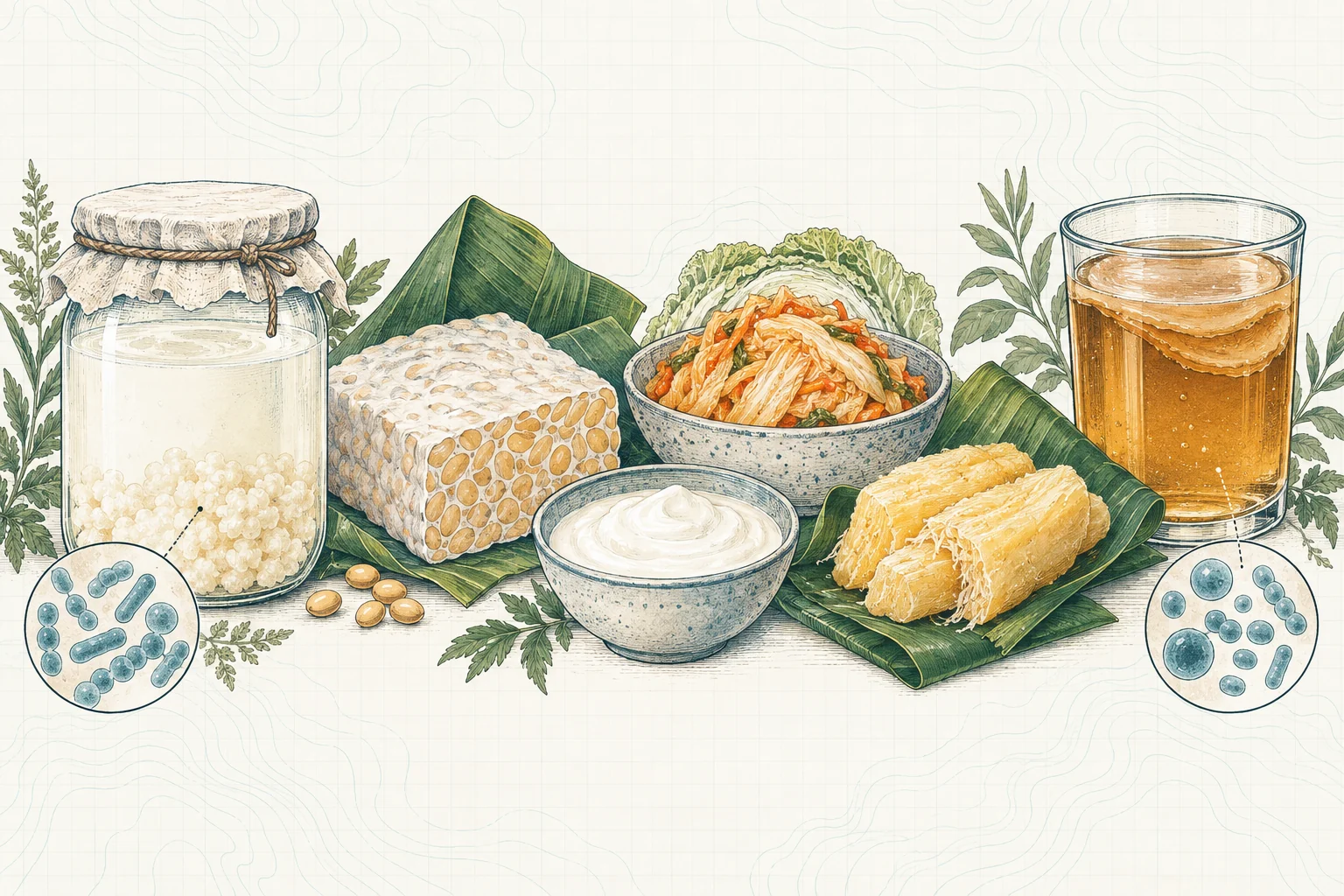 Ilustrasi plat spesimen BloomLab: makanan fermentasi 9 pilihan terbaik untuk usus sehat dan hubungannya dengan kesehatan usus