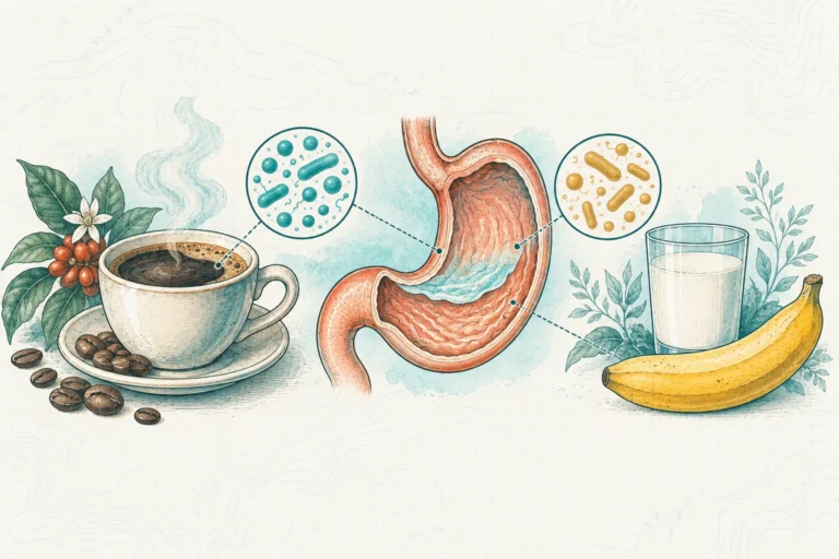 Ilustrasi plat spesimen BloomLab: kopi lambung 5 cara aman minum kopi tanpa perih dan hubungannya dengan kesehatan usus