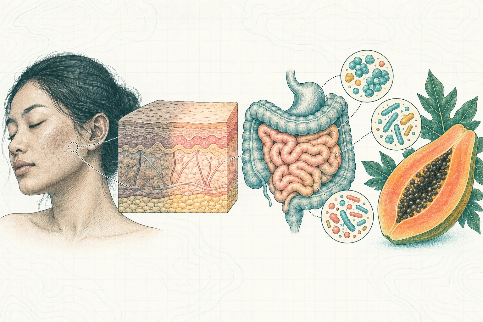 Ilustrasi plat spesimen BloomLab: kulit kusam 5 penyebab tersembunyi dari dalam usus dan hubungannya dengan kesehatan usus