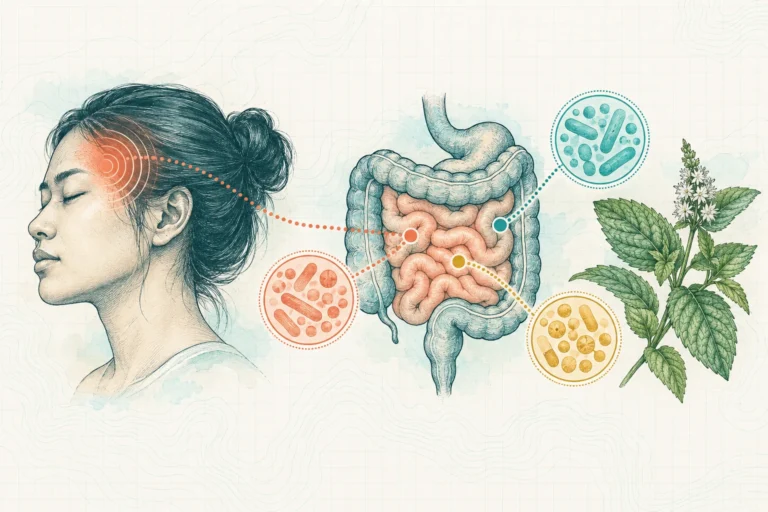 Ilustrasi plat spesimen BloomLab: migrain 6 hubungan penting dengan bakteri usus dan hubungannya dengan kesehatan usus