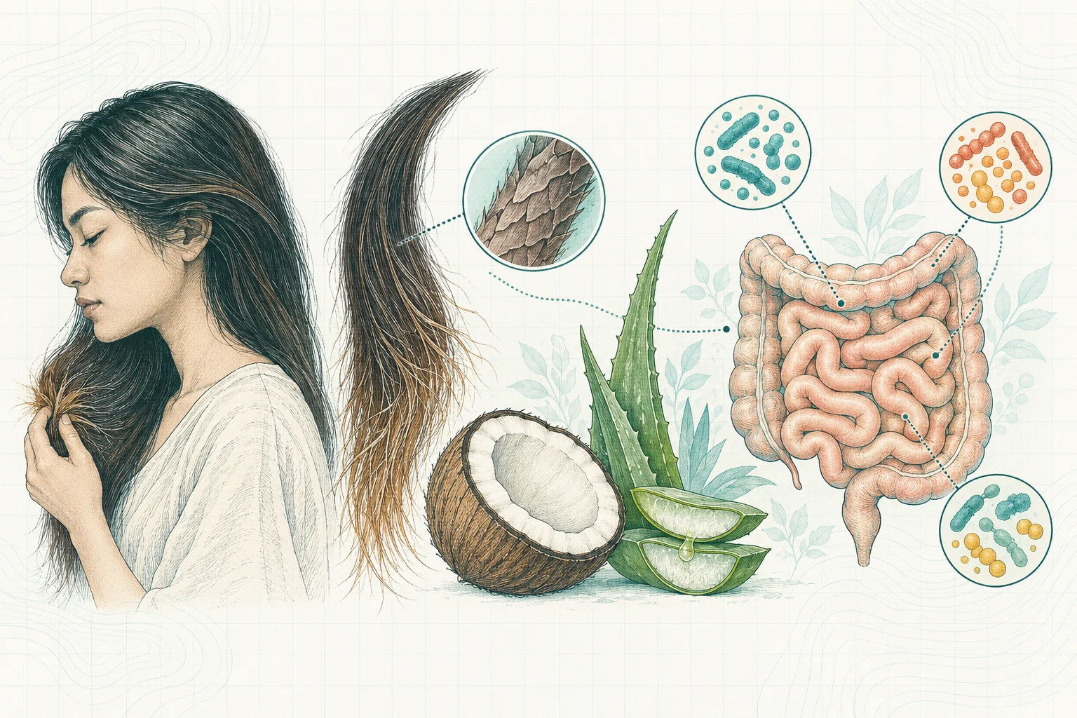 Ilustrasi plat spesimen BloomLab: rambut kering 5 penyebab dari usus yang jarang diketahui dan hubungannya dengan kesehatan usus