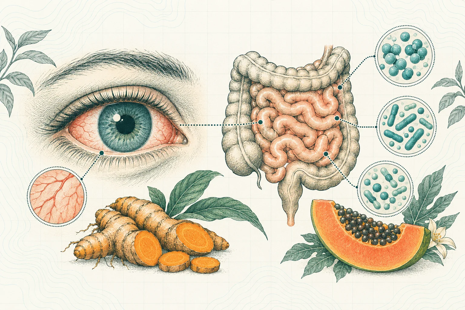 Ilustrasi plat spesimen BloomLab: mata merah 5 hubungan dengan kesehatan usus dan hubungannya dengan kesehatan usus