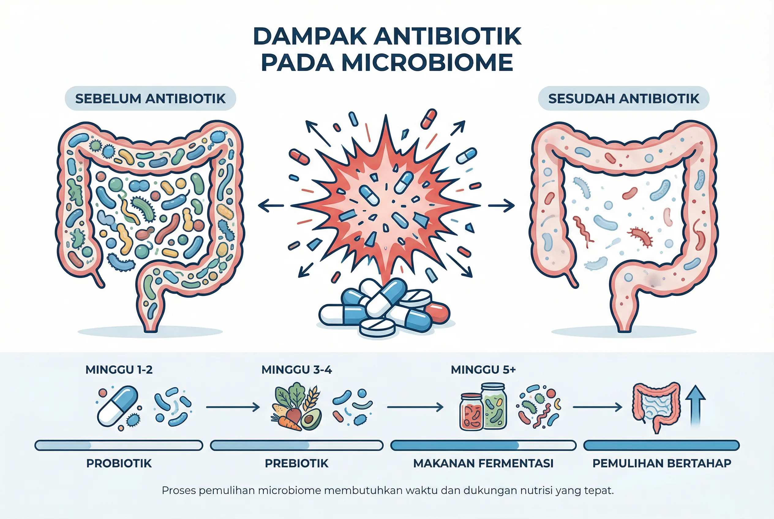 Infografis dampak antibiotik pada microbiome dan proses pemulihan