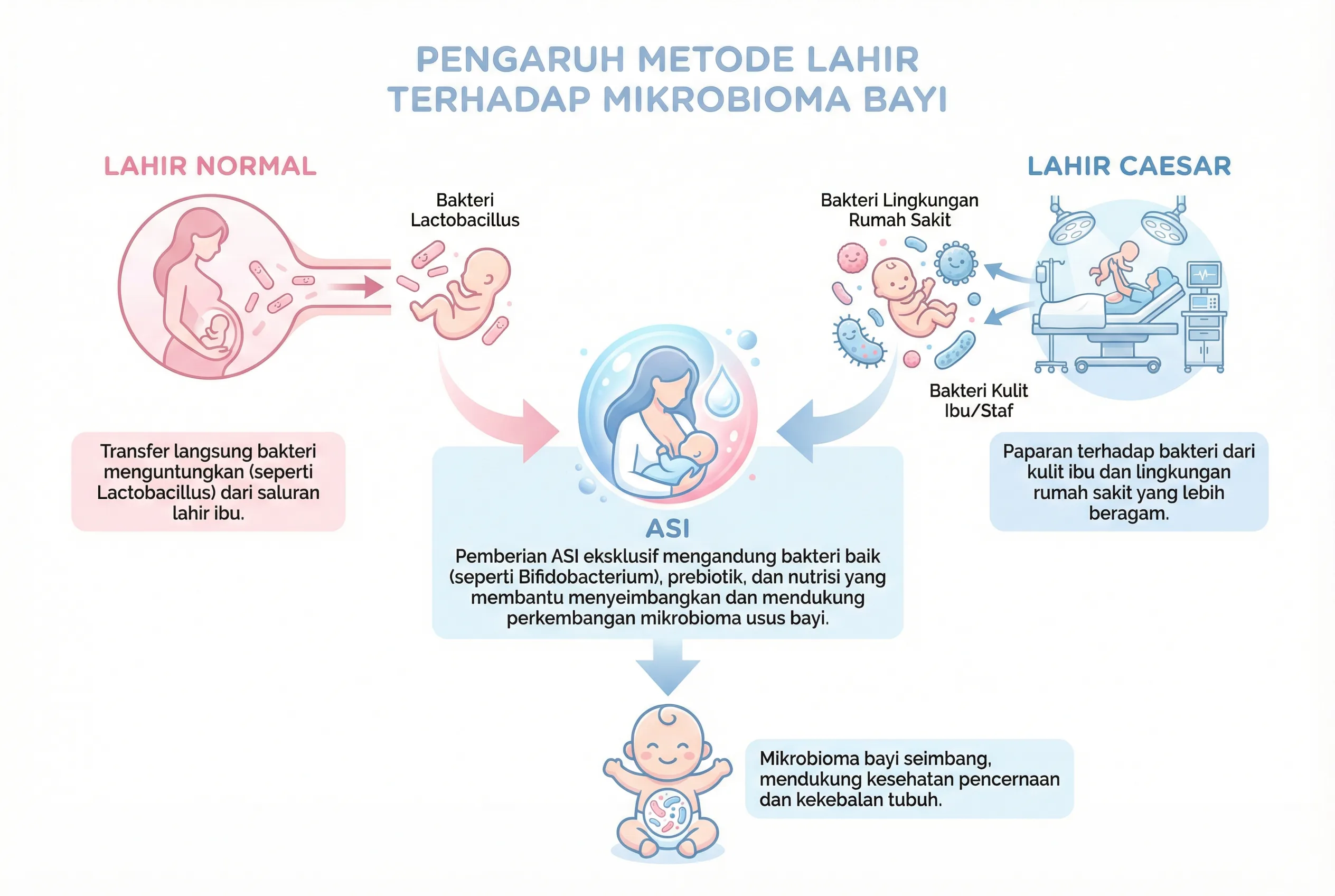 Infografis pengaruh metode lahir normal vs caesar terhadap mikrobioma bayi cara lahir microbiome