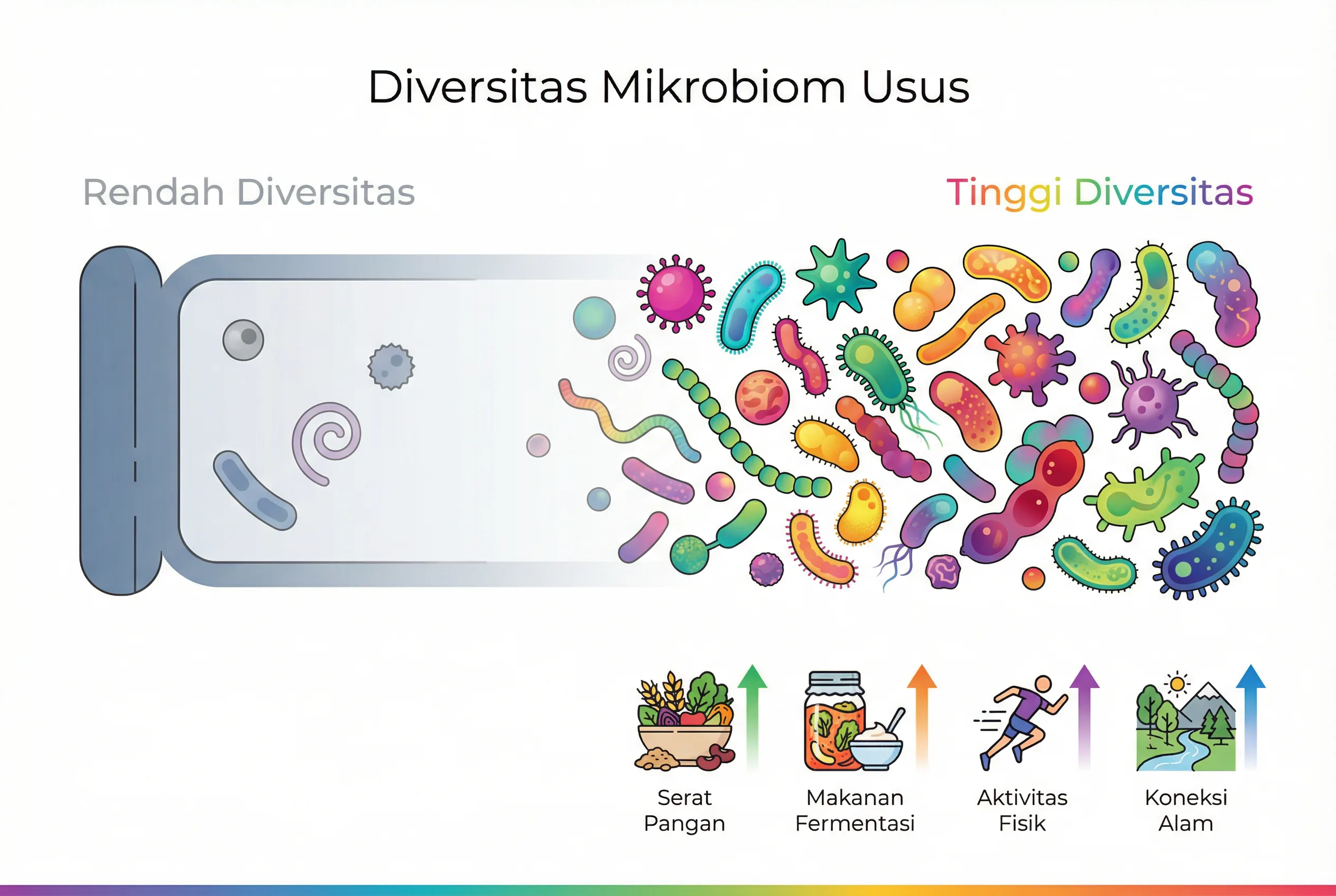 Infografis diversitas mikrobiom usus rendah vs tinggi
