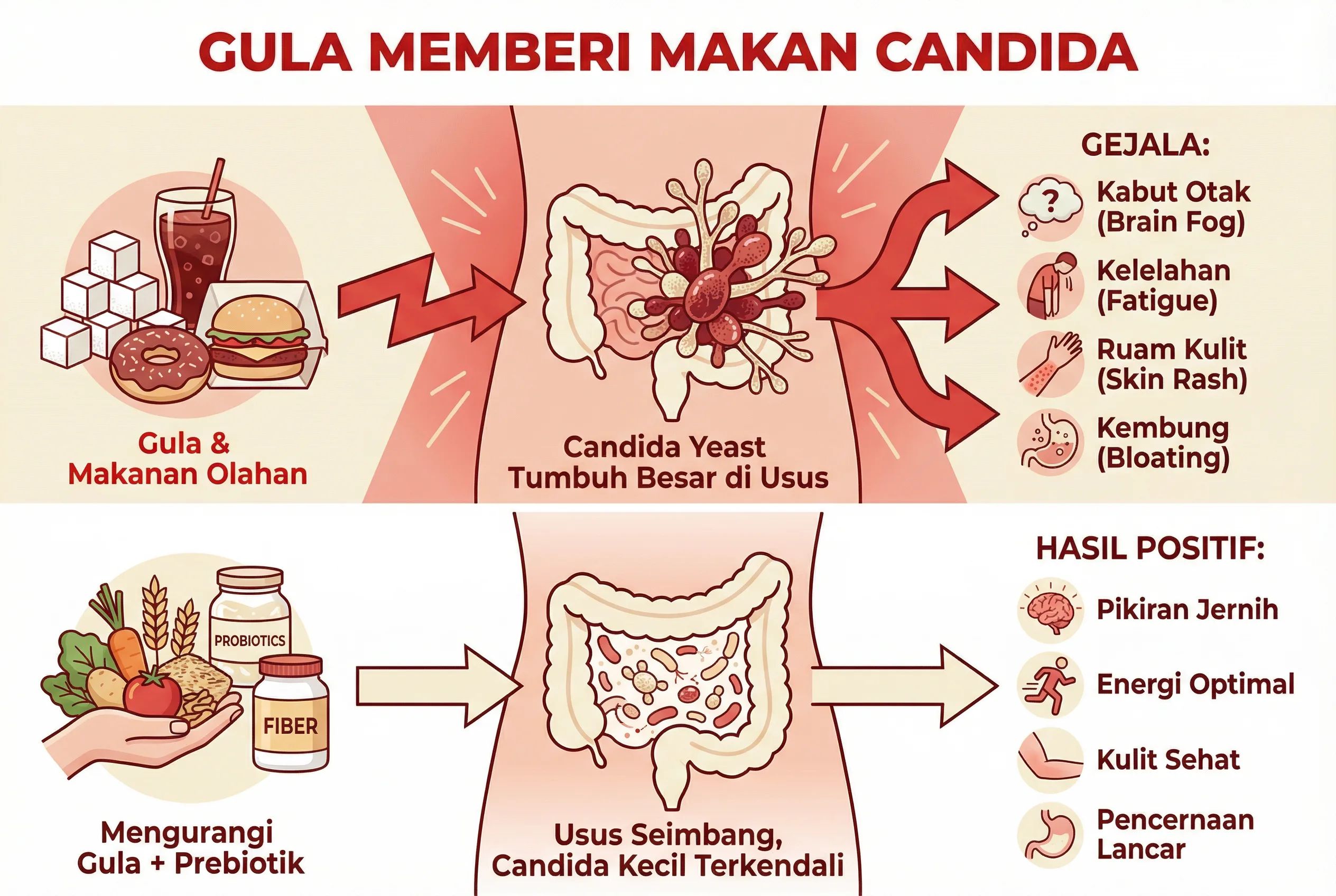 Infografis bagaimana gula memberi makan Candida di usus gula penyebab candida