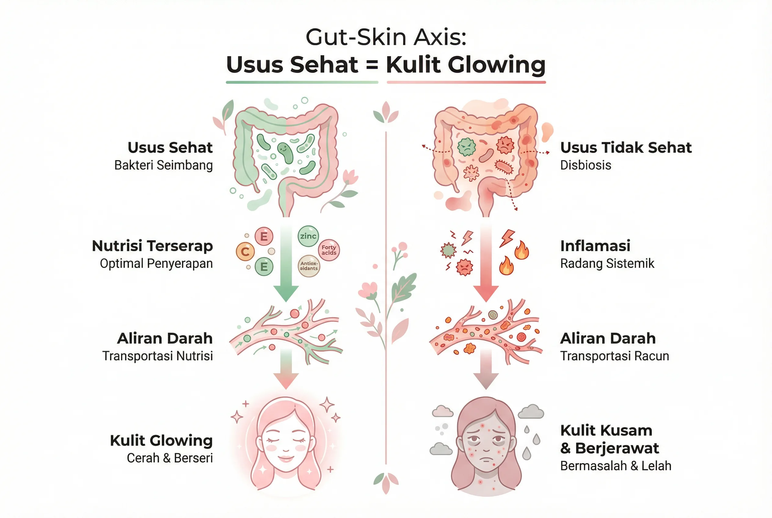 Infografis gut-skin axis: usus sehat menghasilkan kulit glowing