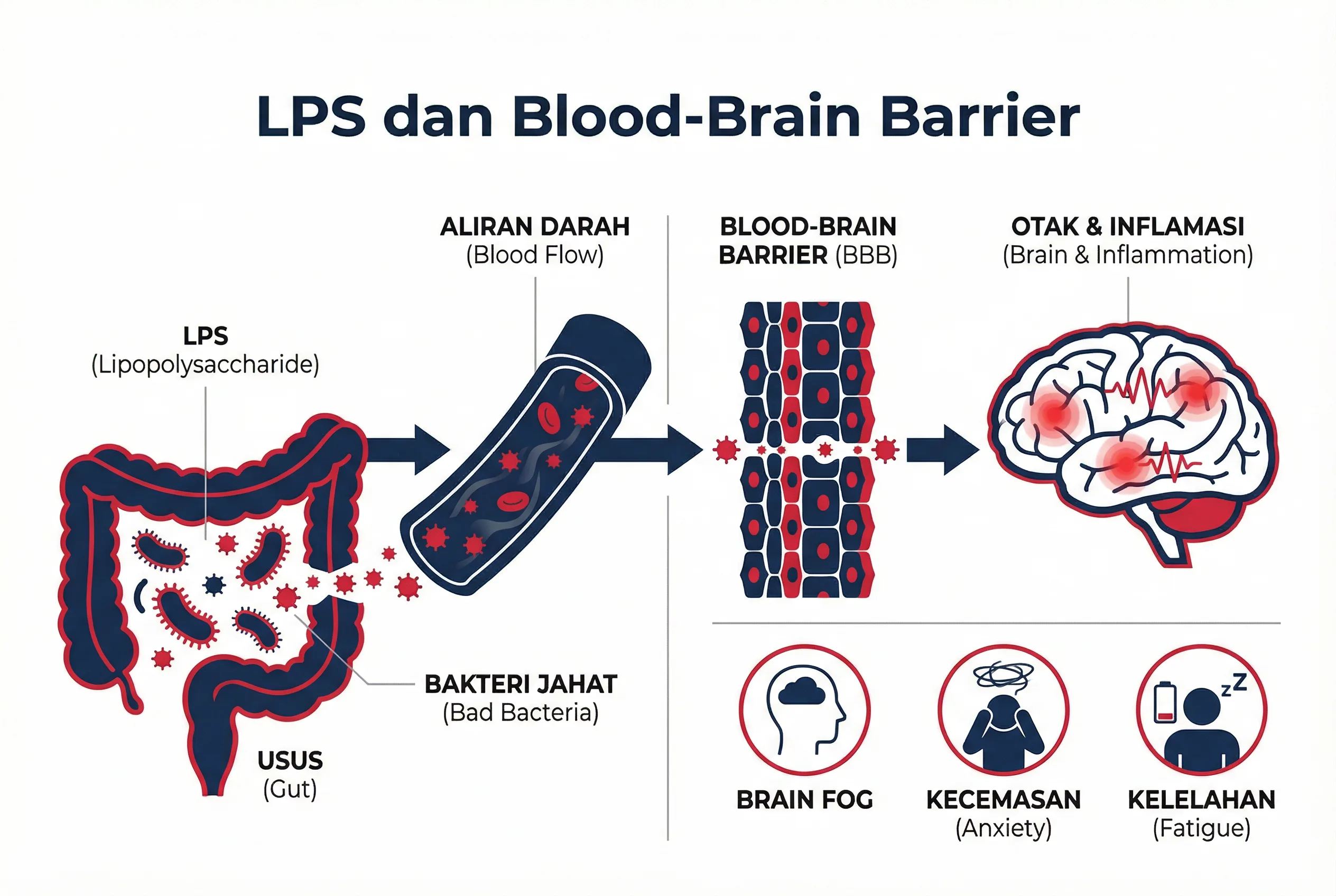 Infografis LPS melewati blood-brain barrier menyebabkan brain fog LPS dan blood brain barrier