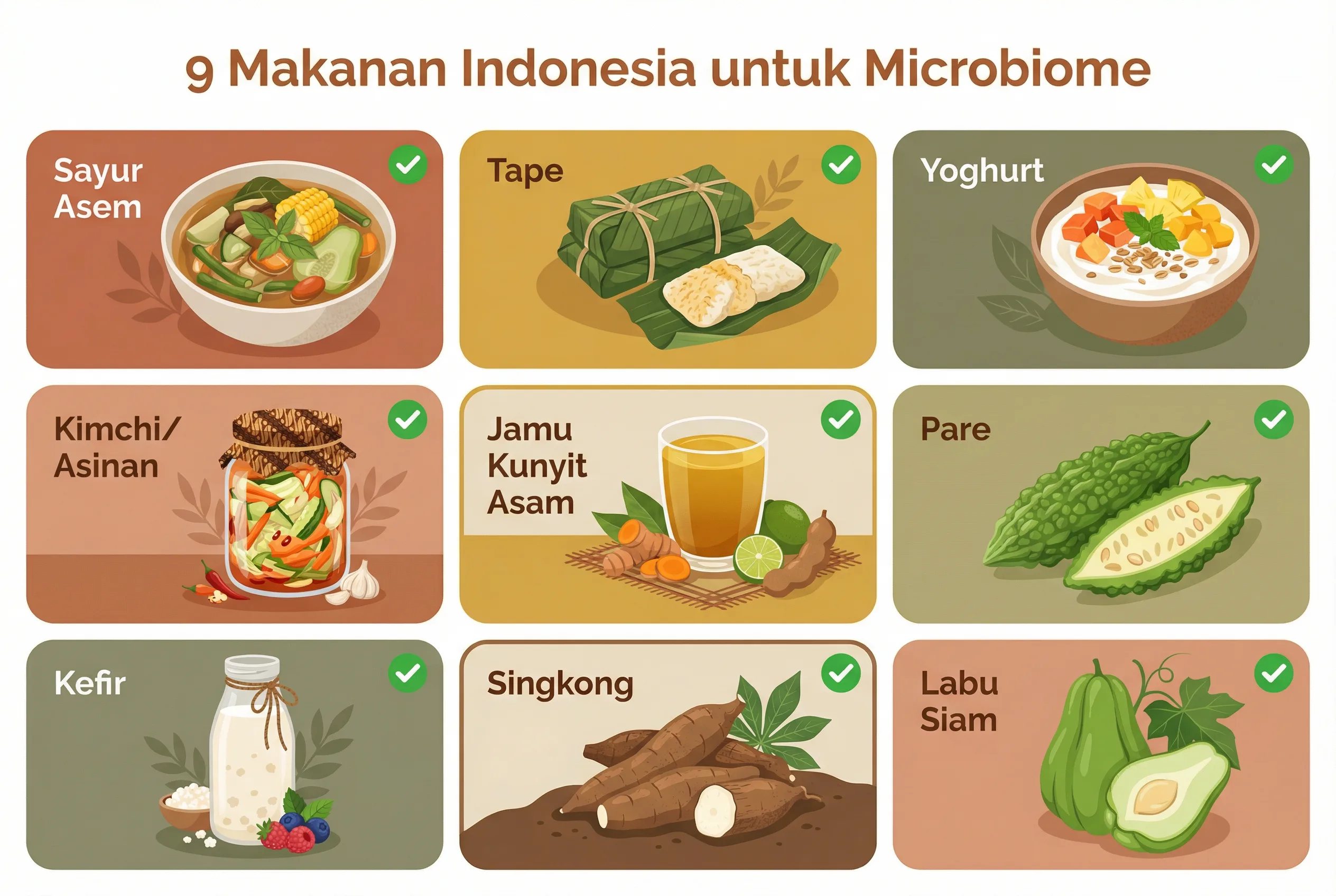Infografis 9 makanan Indonesia terbaik untuk microbiome usus makanan indonesia microbiome