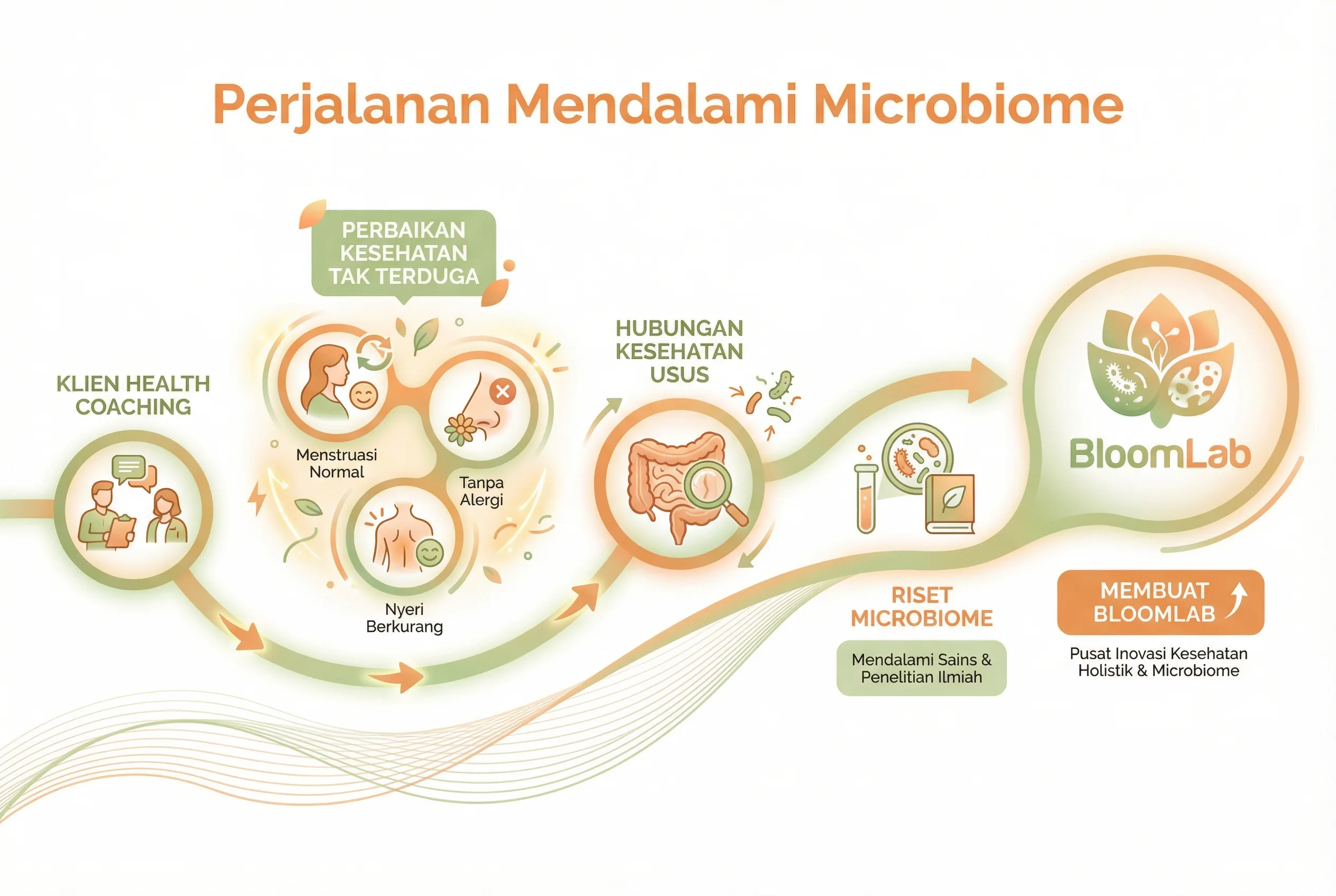 Infografis perjalanan mendalami microbiome dari health coaching hingga riset ilmiah