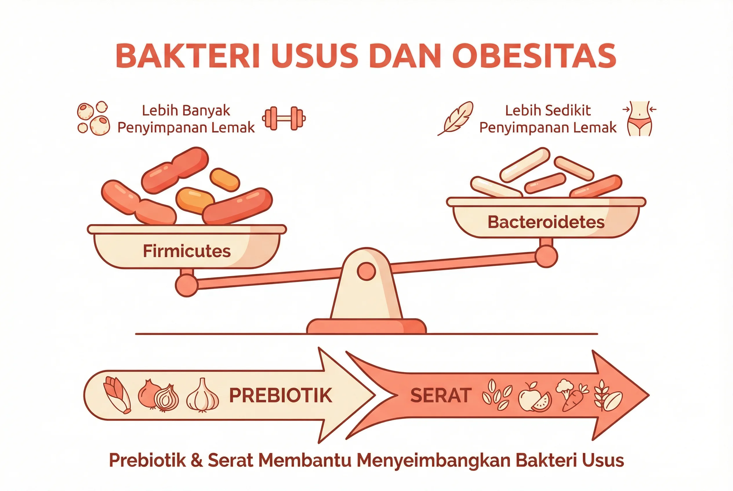 Infografis hubungan bakteri usus Firmicutes dan Bacteroidetes dengan obesitas