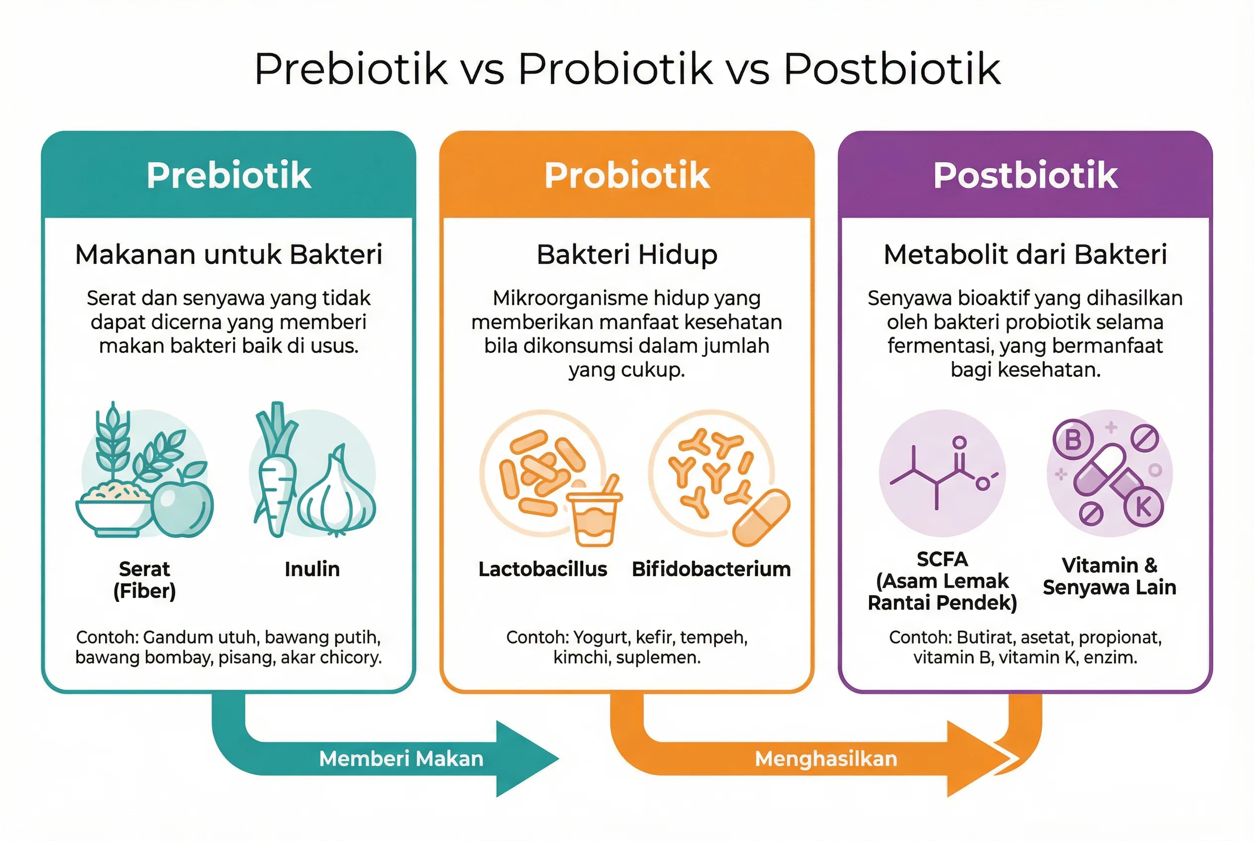 Infografis perbedaan prebiotik probiotik dan postbiotik