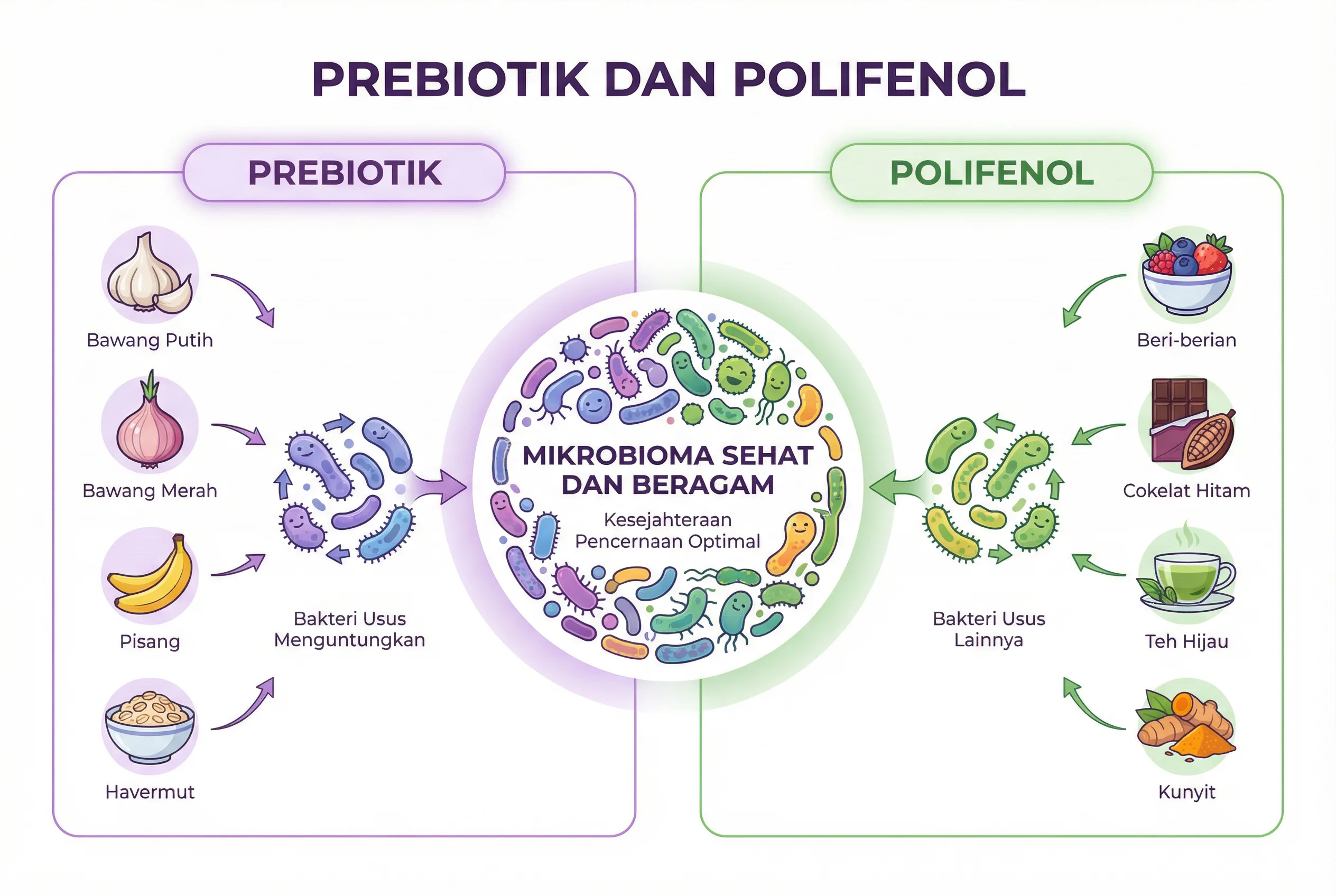 Infografis prebiotik dan polifenol untuk kesehatan microbiome