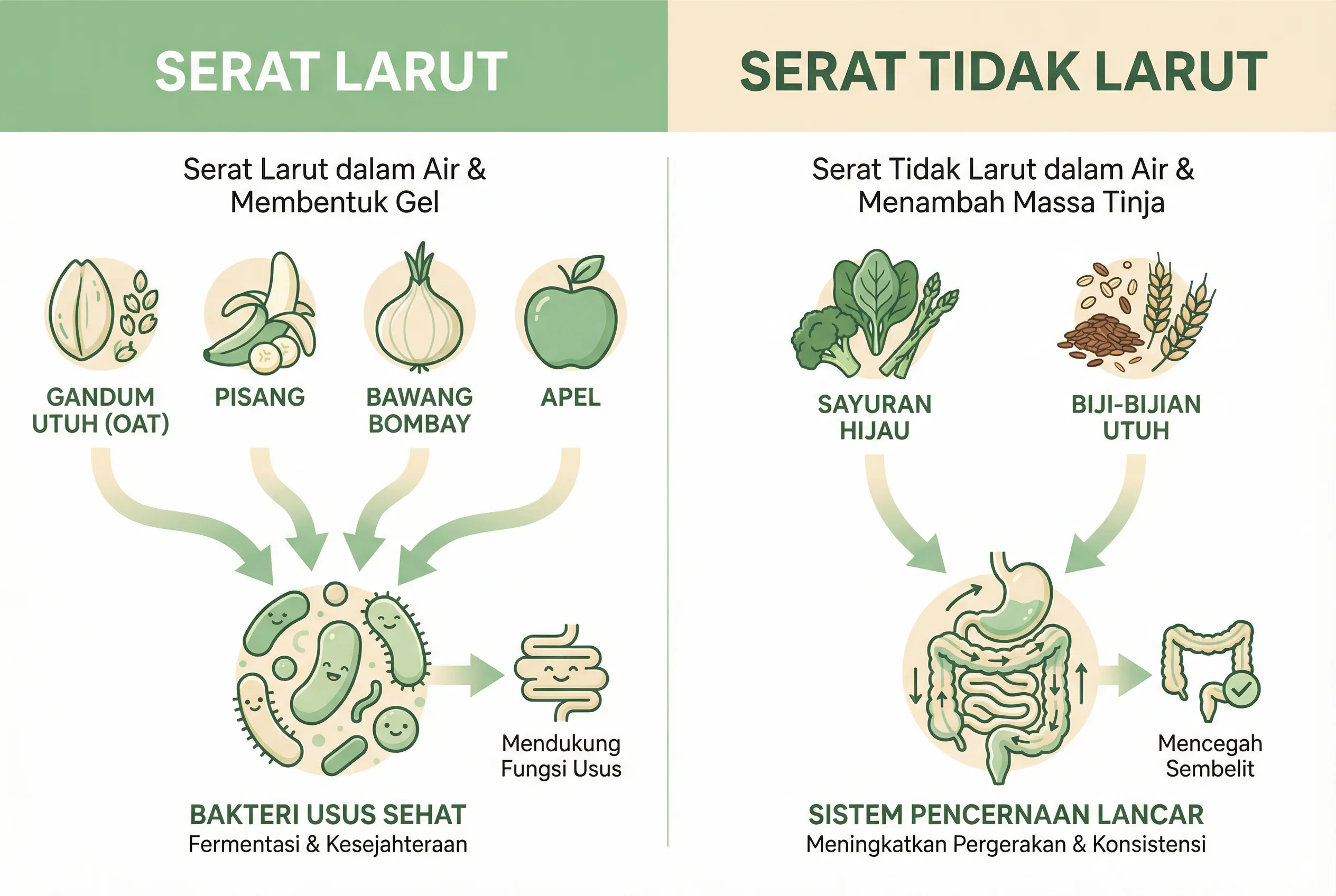 Infografis perbedaan serat larut dan serat tidak larut untuk kesehatan usus serat larut dan manfaatnya