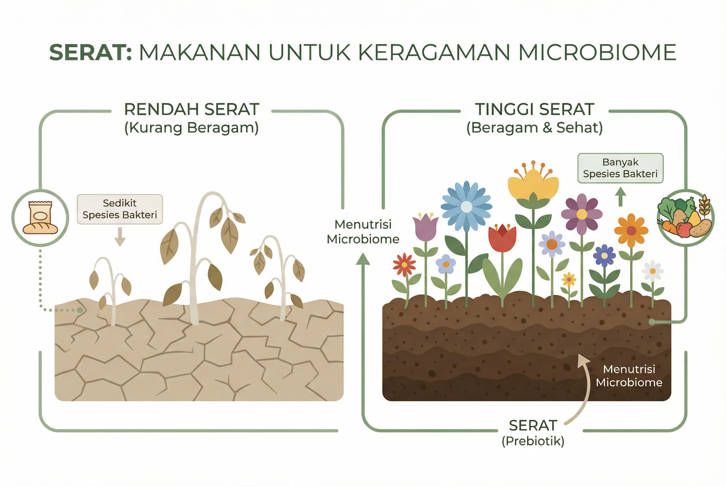 Infografis serat sebagai makanan untuk keragaman microbiome usus serat microbiome