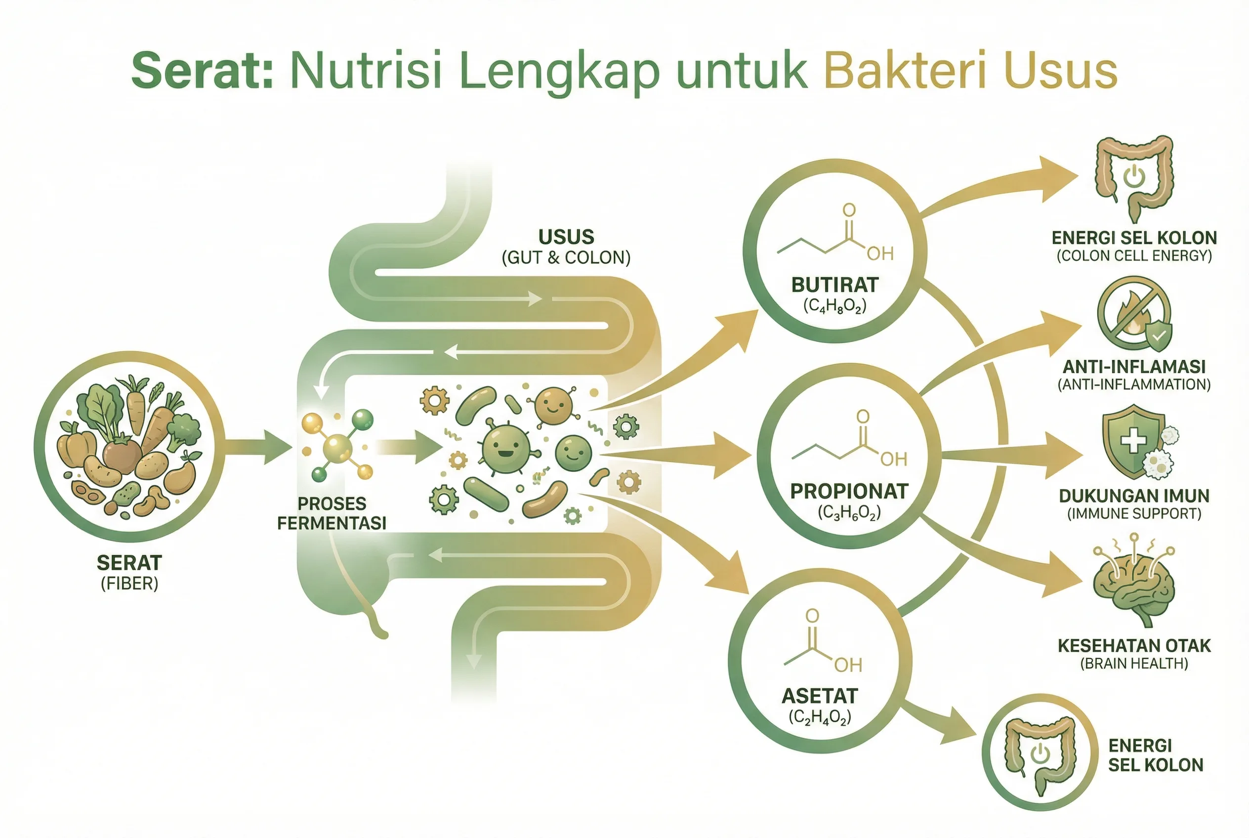 Infografis serat sebagai nutrisi lengkap untuk bakteri usus menghasilkan SCFA Penyerapan Nutrisi