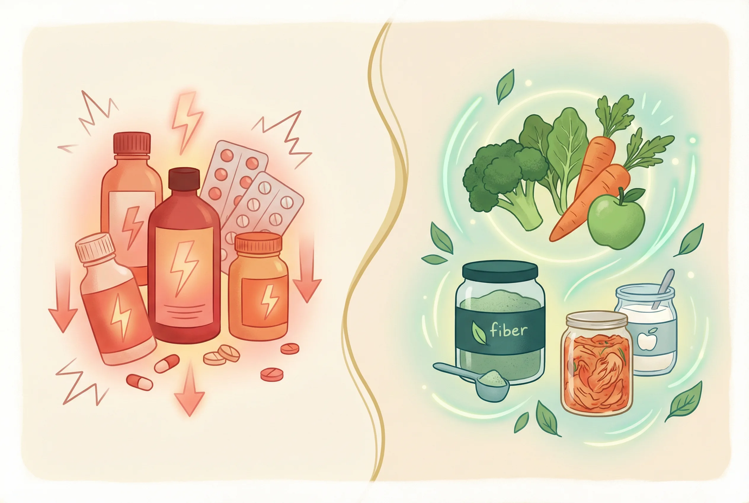 Ilustrasi bahaya pencahar vs solusi alami untuk pencernaan
