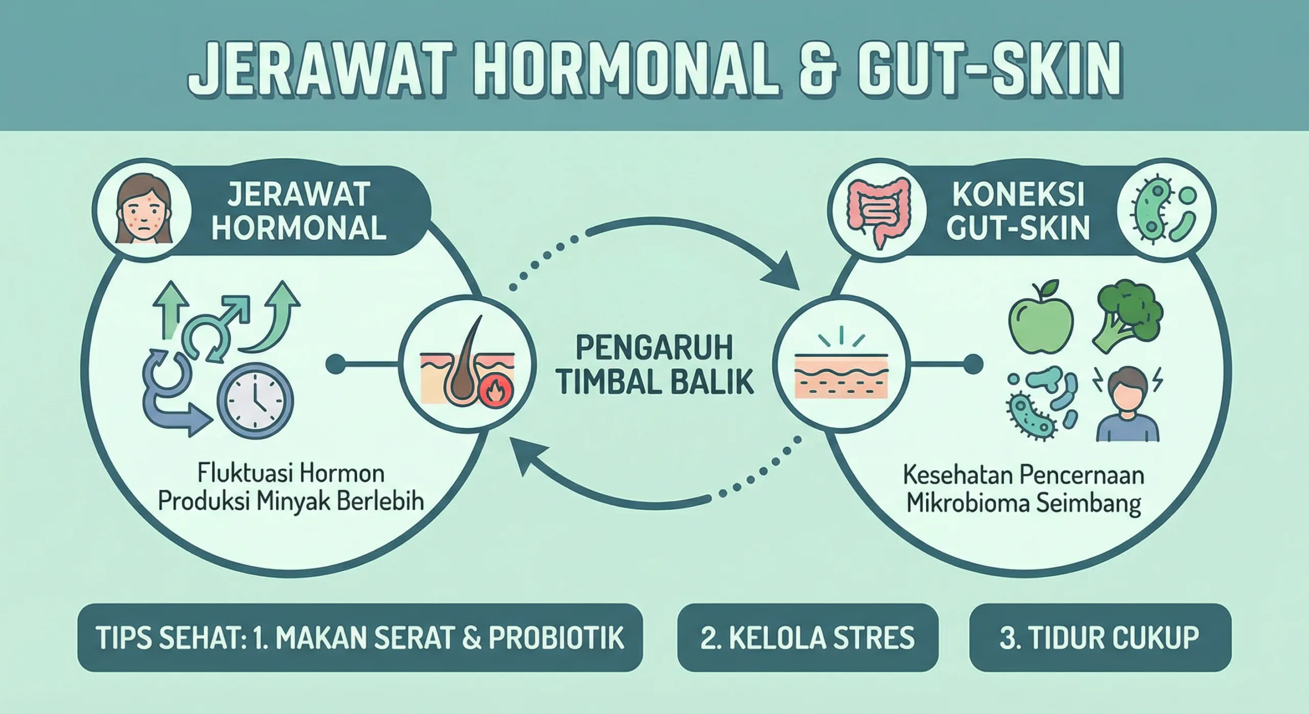 Infografik jerawat hormonal dan hubungan bakteri usus