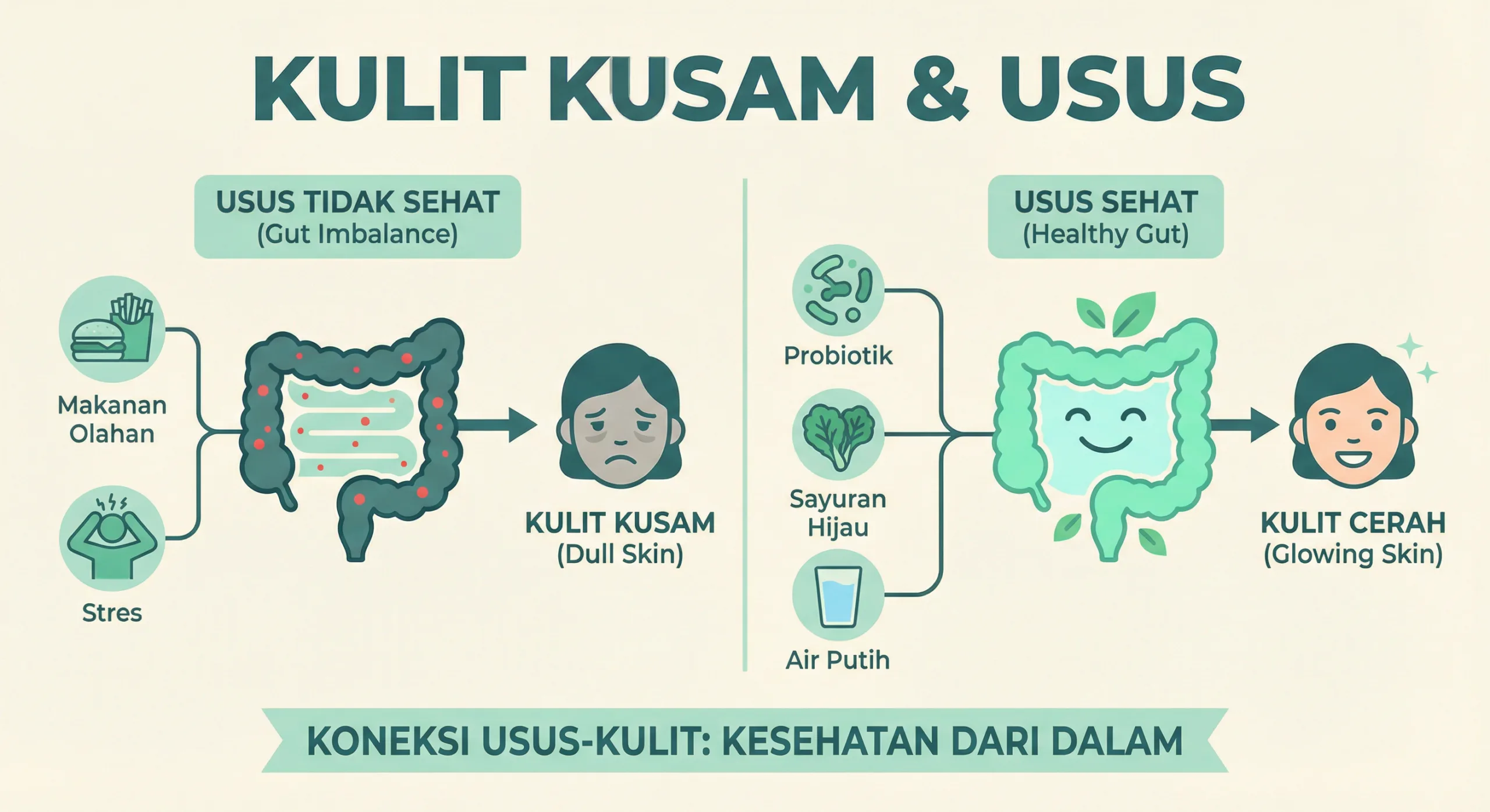 Infografik kulit kusam dan hubungan bakteri usus