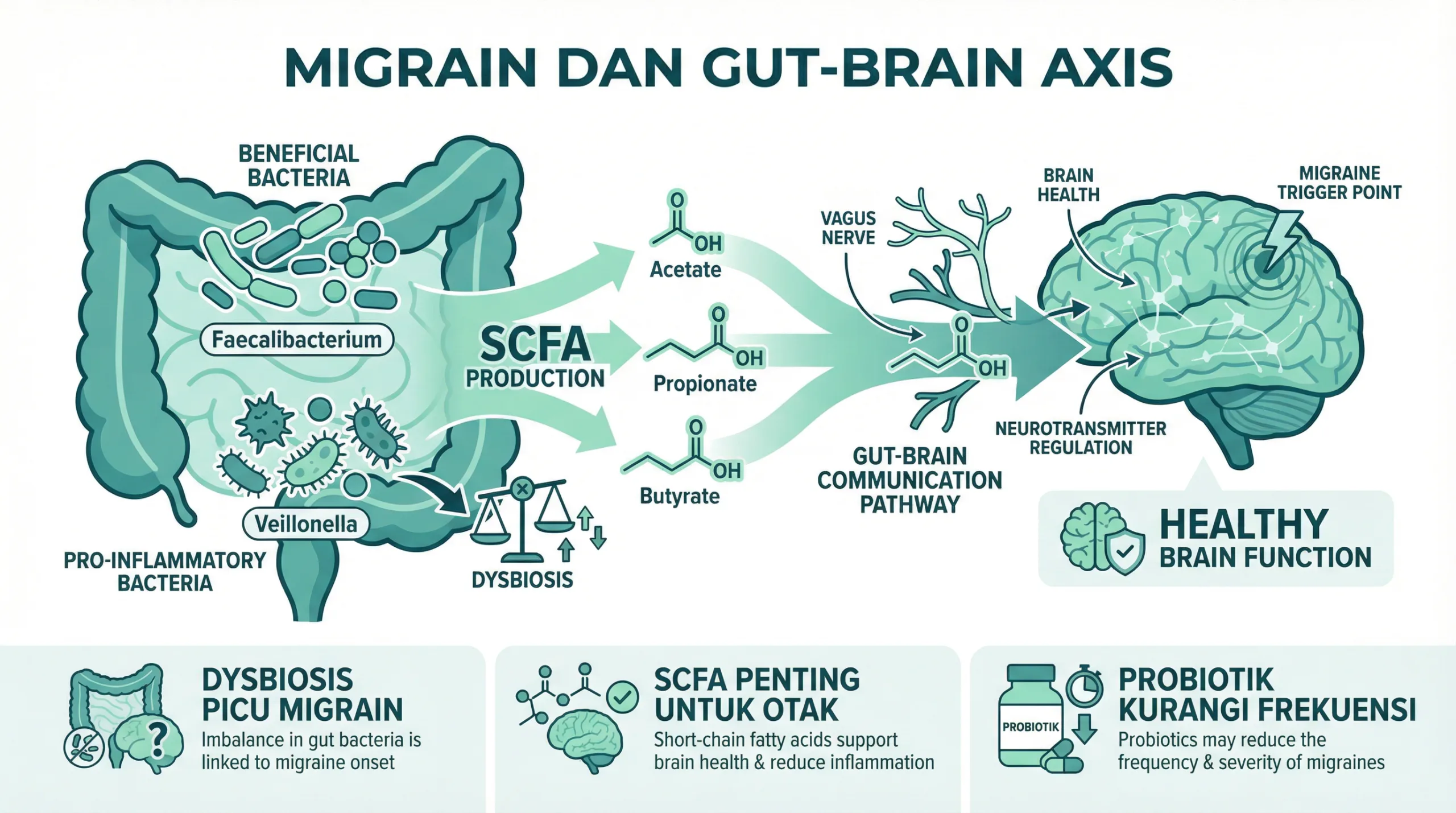 Infografik migrain dan hubungan bakteri usus