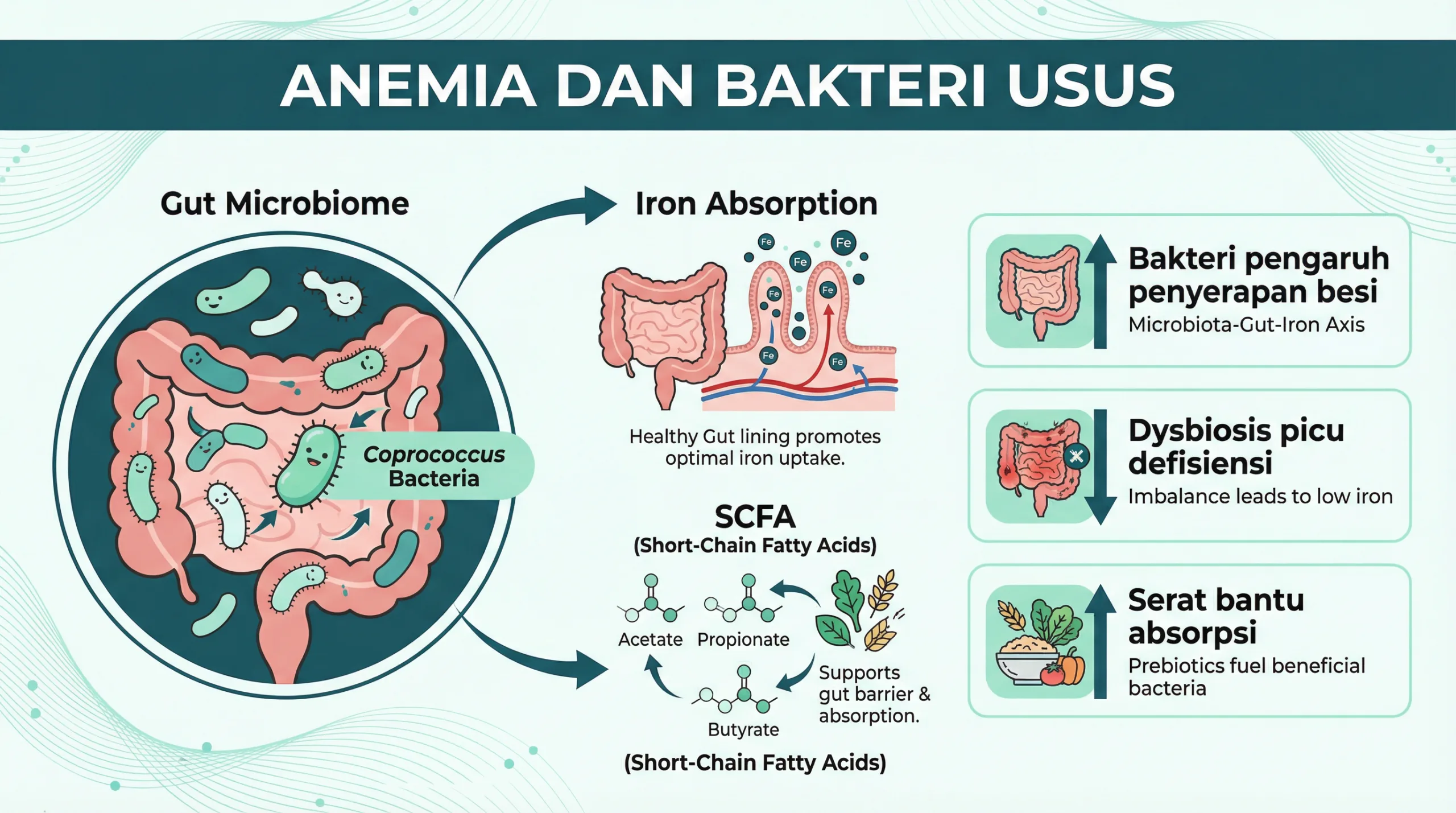 Infografik anemia dan hubungan bakteri usus