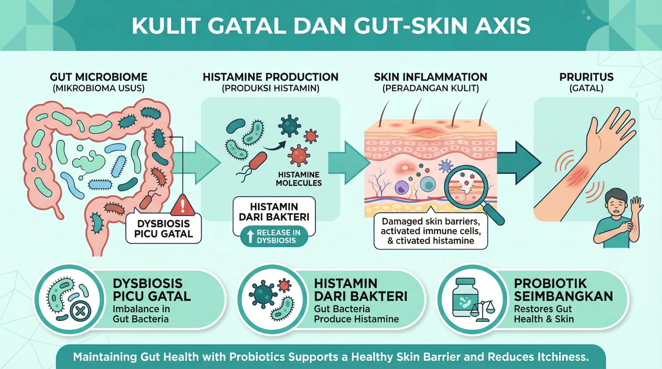 Infografik kulit gatal dan hubungan bakteri usus