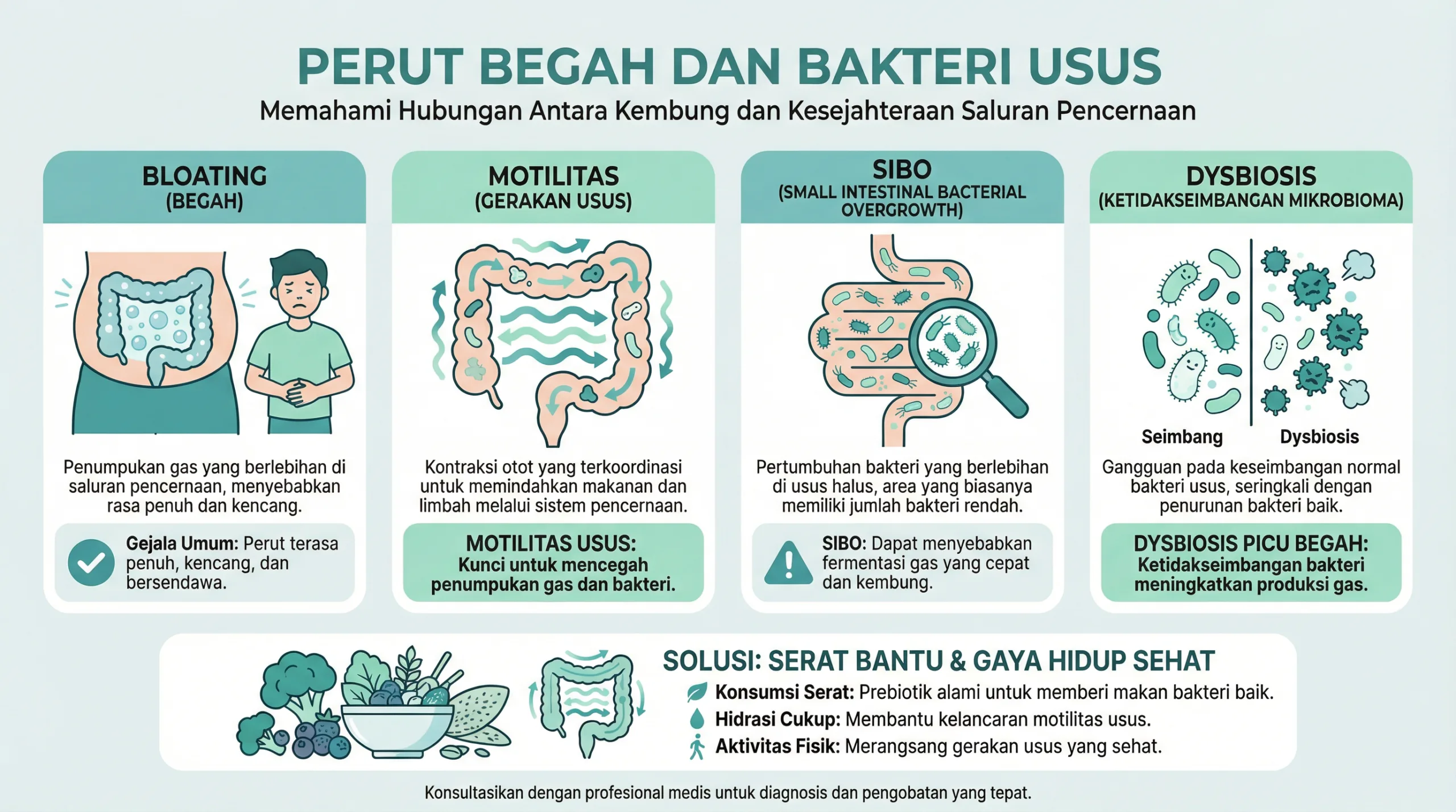 Infografik perut begah dan hubungan bakteri usus