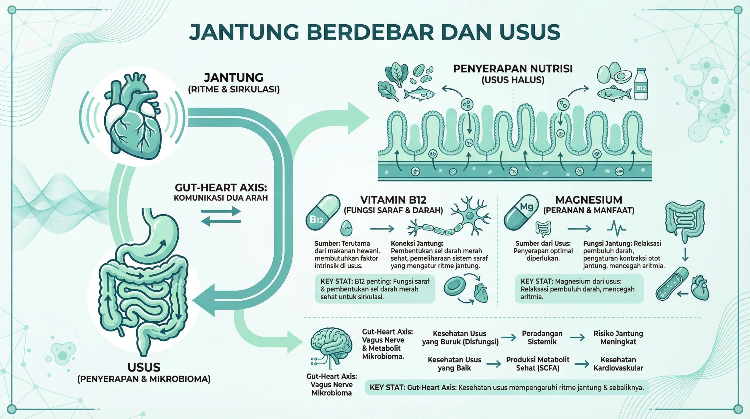 Infografik jantung berdebar dan hubungan bakteri usus