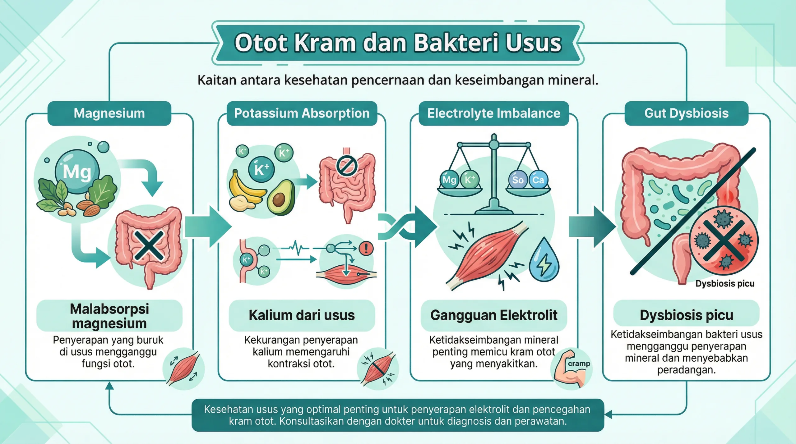 Infografik otot kram dan hubungan bakteri usus
