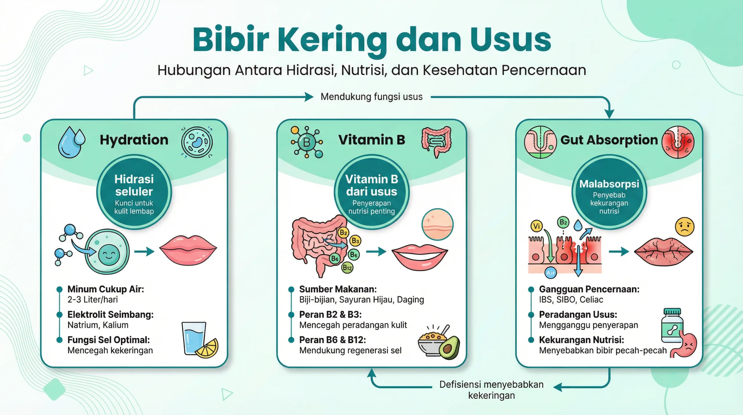 Infografik bibir kering dan hubungan bakteri usus